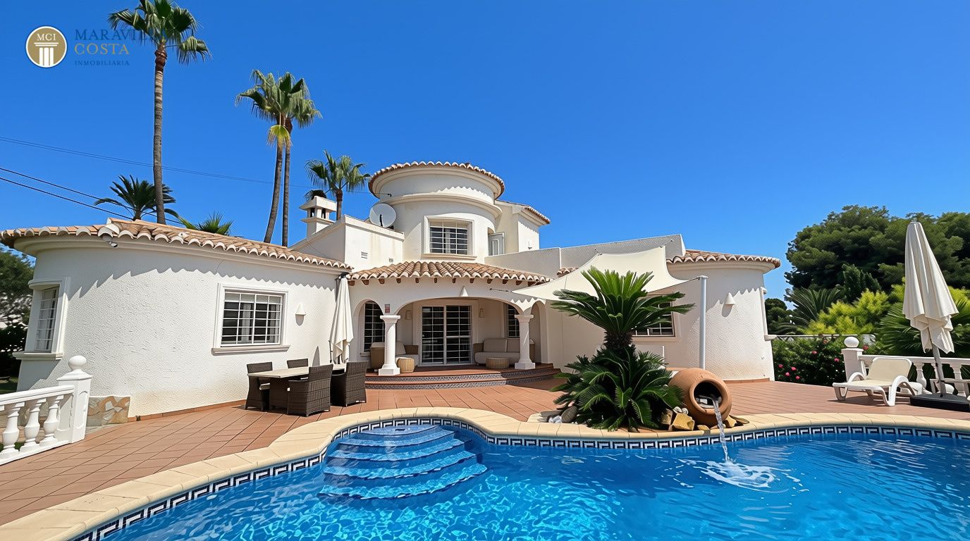 Stylish villa with sea views, guest house, and private pool area in Jávea.